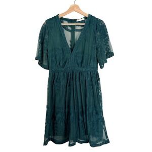 Bella Ella Boutique Womens Forest Green Floral Lace Fairy Mini Dress Medium Boho